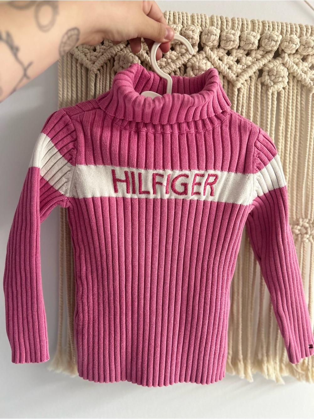 Tommy Hilfiger Pink Ribbed Turtleneck with White Stripe